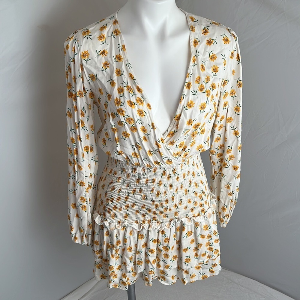 Missguided multicolor white gold sunflower print long sleeve smocked waist dress